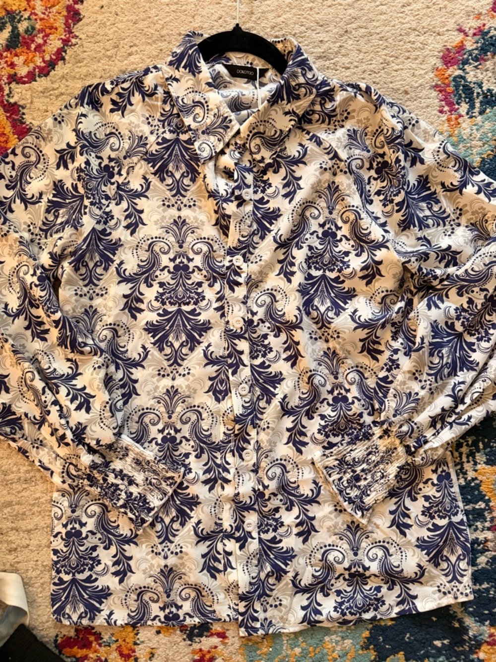 cinq a sept Cream and Navy Damask Button-Down Blouse